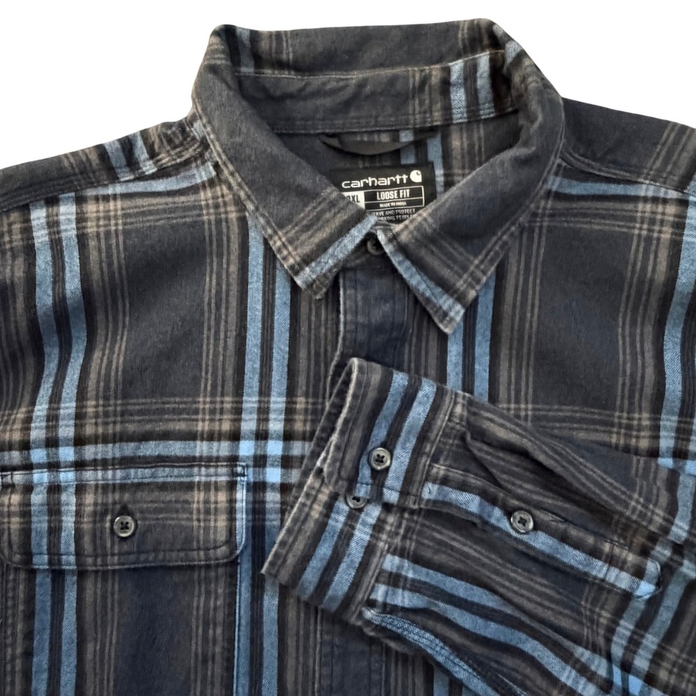 Carhartt Mens 2XL Tall Loose Fit Plaid Flannel Shirt Blue Grey TW4451-M
